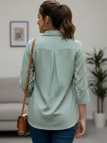 Women Sage Green Floral Embroidered Regular Fit Shirt
