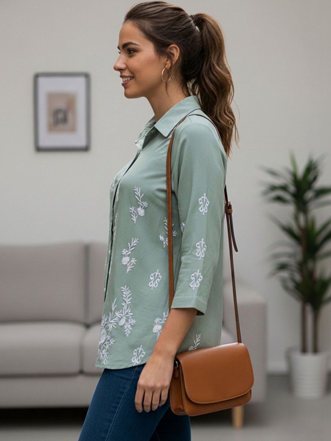 Women Sage Green Floral Embroidered Regular Fit Shirt