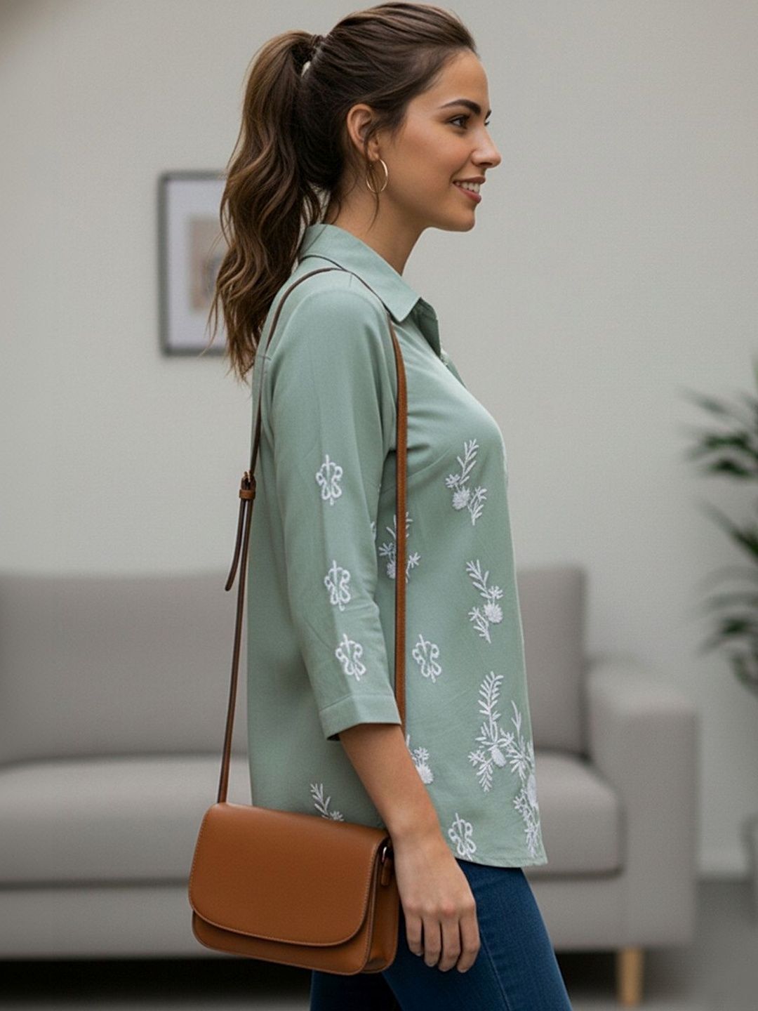 Women Sage Green Floral Embroidered Regular Fit Shirt