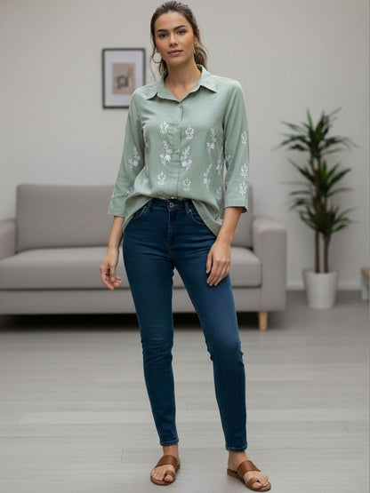 Women Sage Green Floral Embroidered Regular Fit Shirt