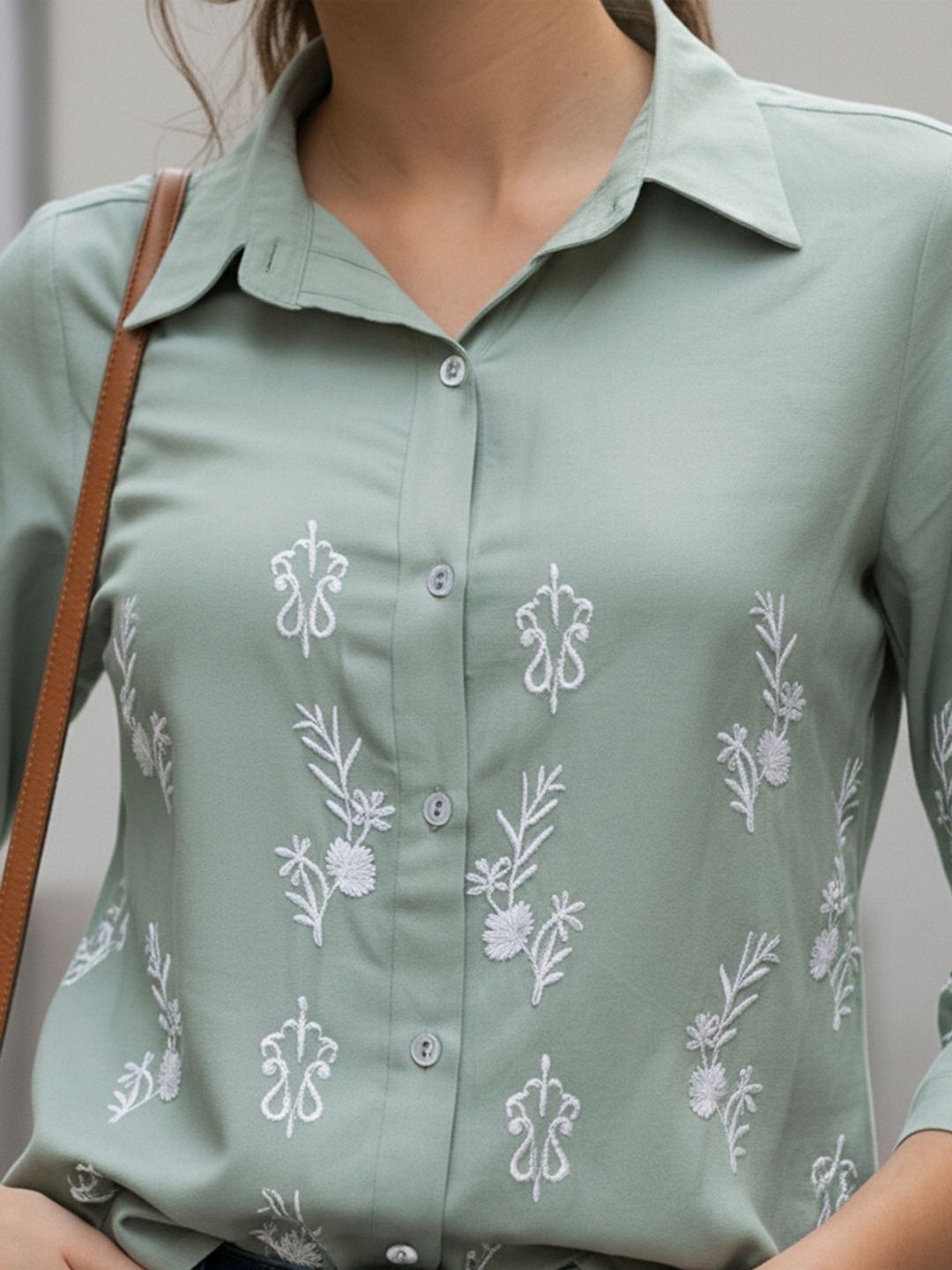 Women Sage Green Floral Embroidered Regular Fit Shirt