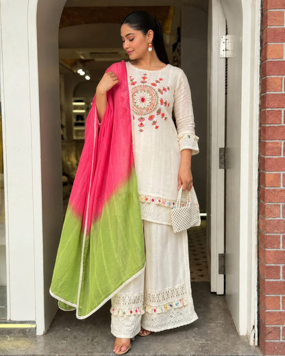 Ivory Embroidered Cotton Blend Kurta Palazzo Set with Ombre Dupatta