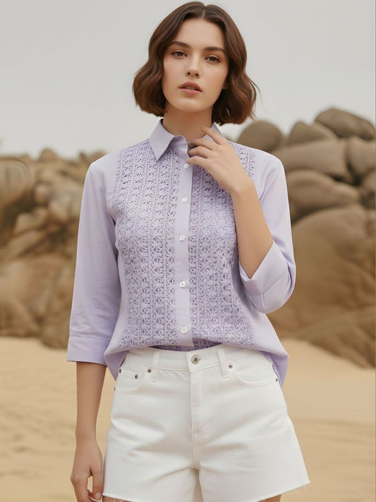 Women Lavender Lace Detail Relaxed Fit Shirt