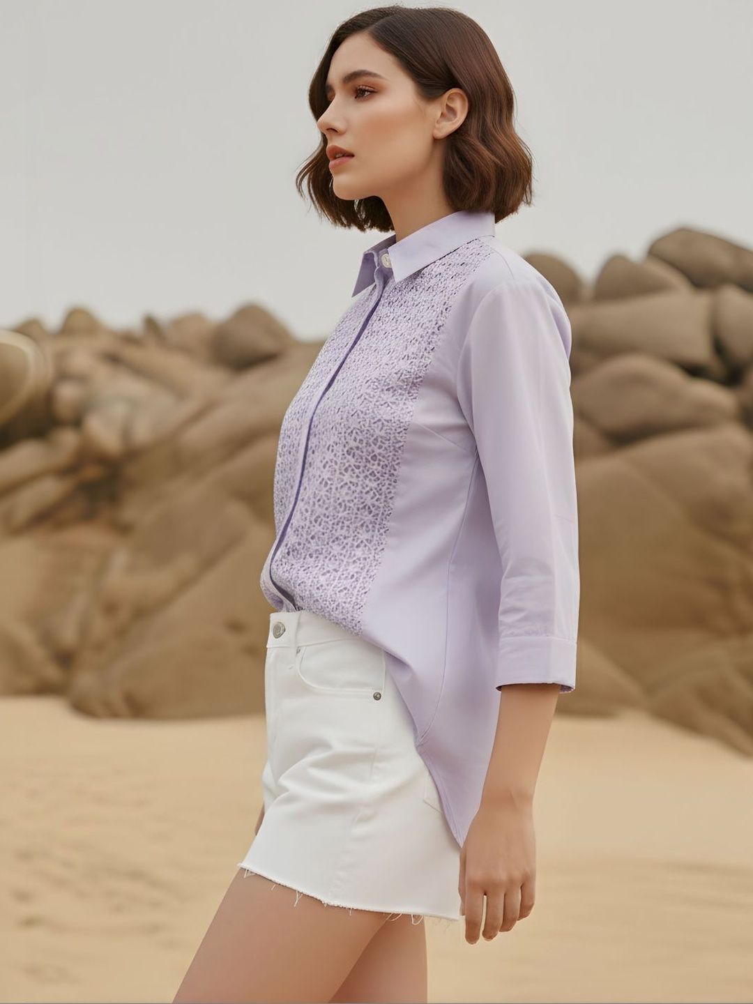 Women Lavender Lace Detail Relaxed Fit Shirt
