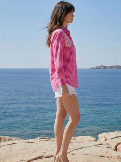 Women Pink Striped Embroidered Relaxed Fit Casual Shirt