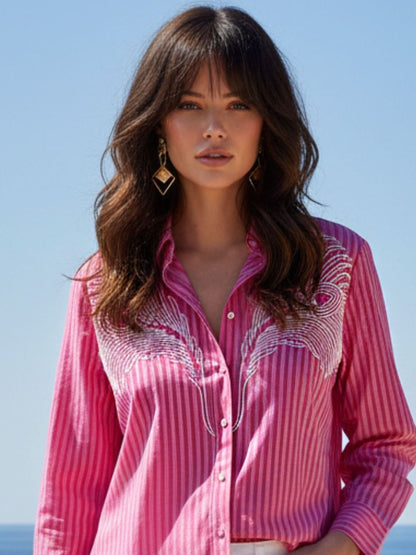 Women Pink Striped Embroidered Relaxed Fit Casual Shirt
