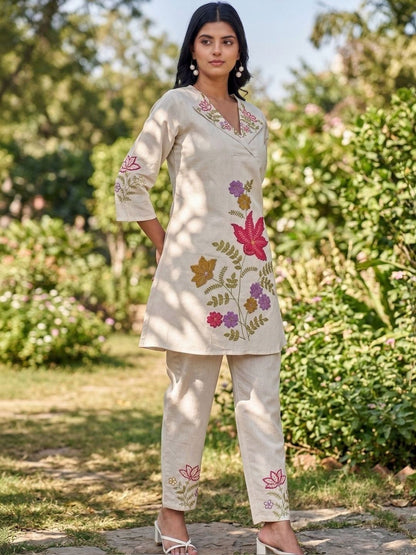 Women Beige Floral Embroidered Co-Ord Set with Trousers