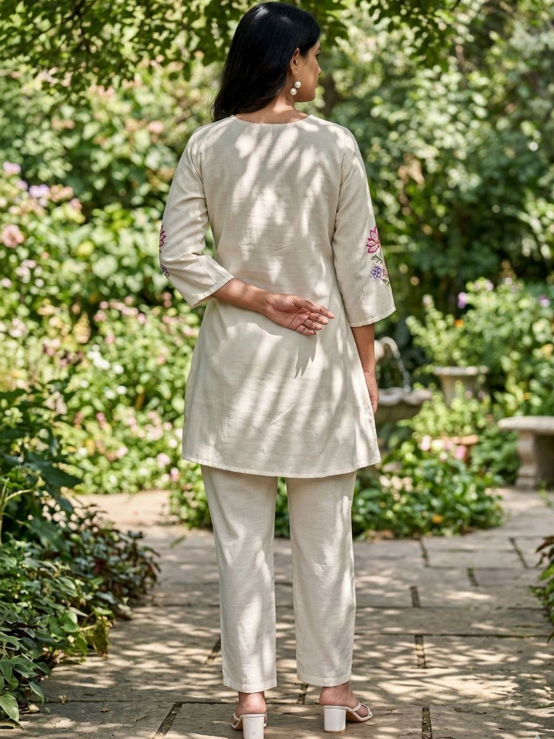 Women Beige Floral Embroidered Co-Ord Set with Trousers