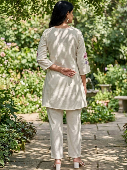Women Beige Floral Embroidered Co-Ord Set with Trousers