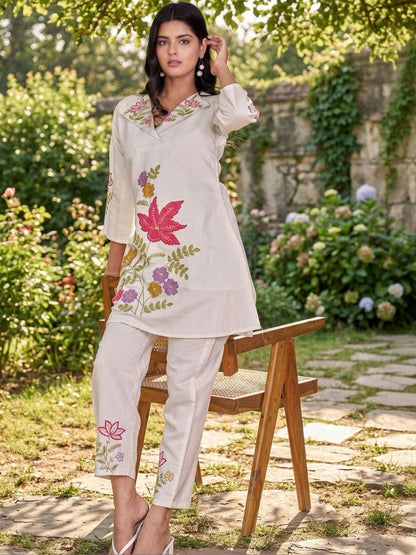 Women Beige Floral Embroidered Co-Ord Set with Trousers