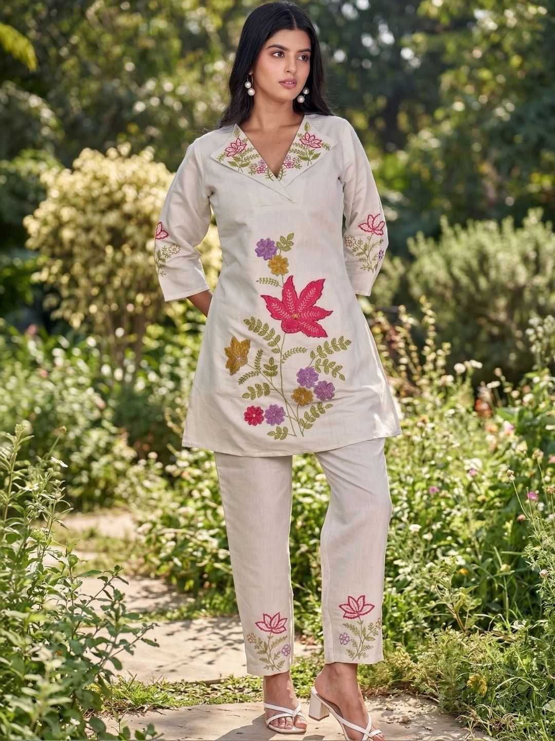 Women Beige Floral Embroidered Co-Ord Set with Trousers