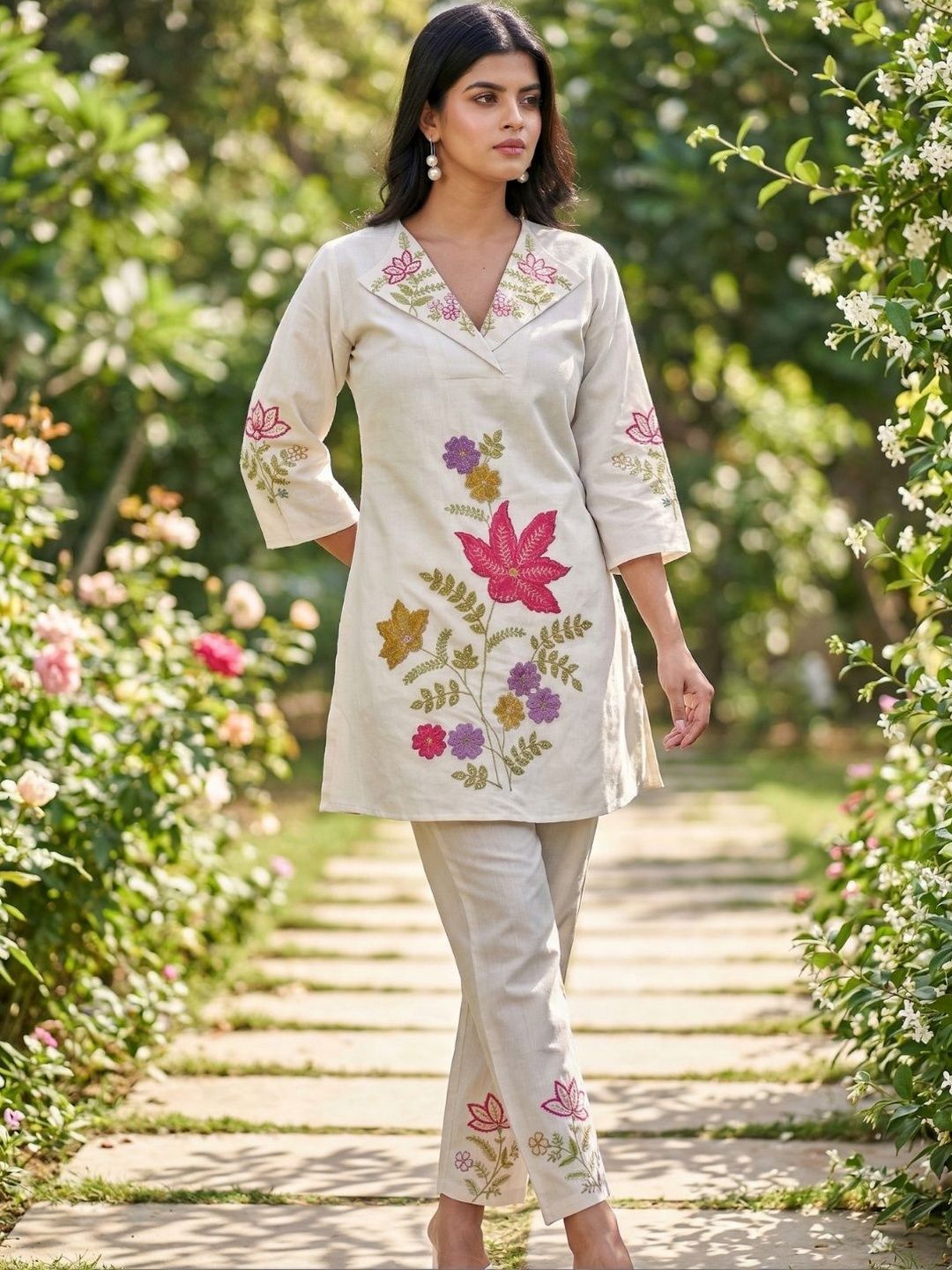 Women Beige Floral Embroidered Co-Ord Set with Trousers