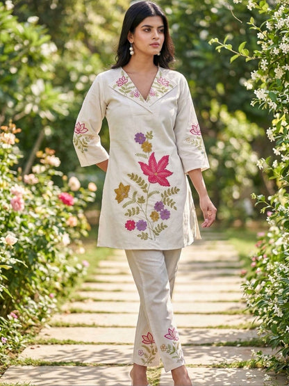 Women Beige Floral Embroidered Co-Ord Set with Trousers