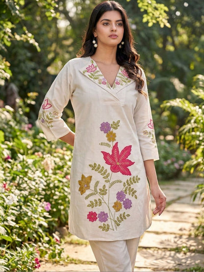 Women Beige Floral Embroidered Co-Ord Set with Trousers