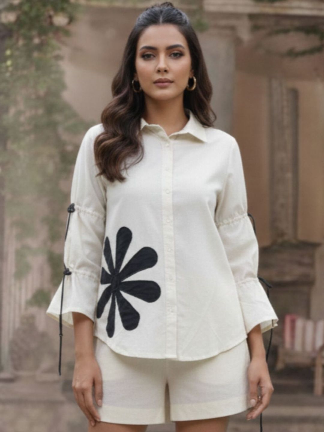 Ivory Floral Tie-Up Sleeve Casual Shirt