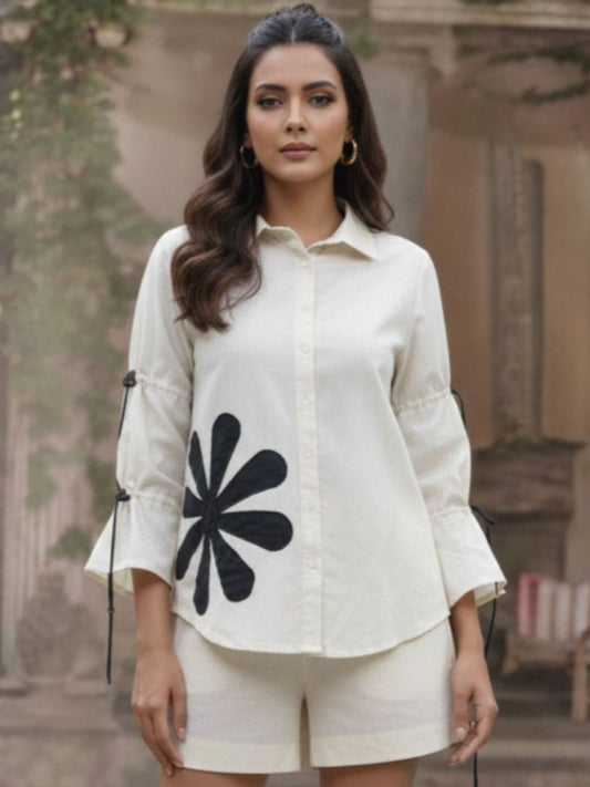 Ivory Floral Tie-Up Sleeve Casual Shirt