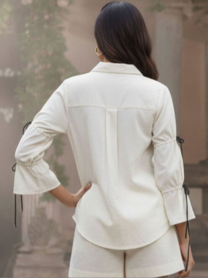 Ivory Floral Tie-Up Sleeve Casual Shirt
