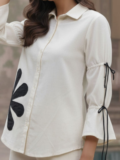 Ivory Floral Tie-Up Sleeve Casual Shirt