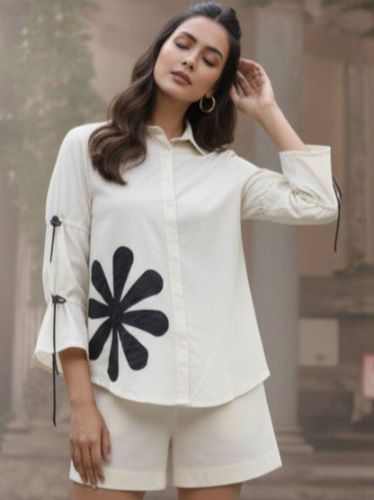 Ivory Floral Tie-Up Sleeve Casual Shirt