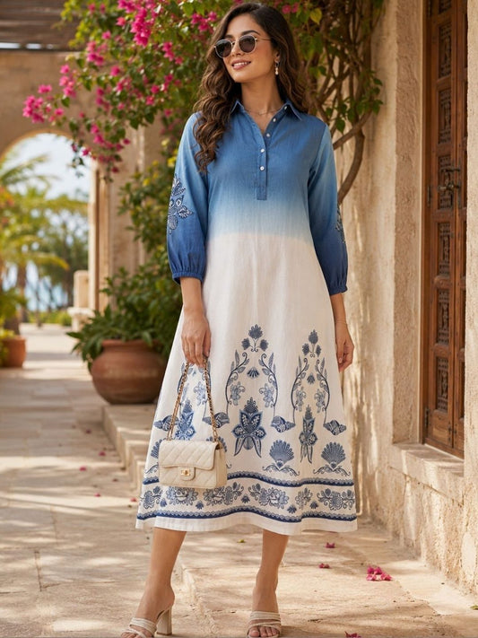 Blue & Ivory Ombre Embroidered A-Line Midi Dress
