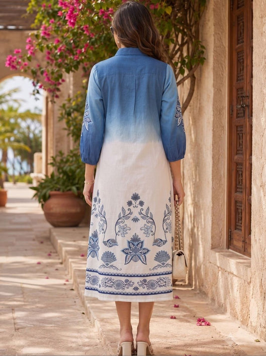 Blue & Ivory Ombre Embroidered A-Line Midi Dress