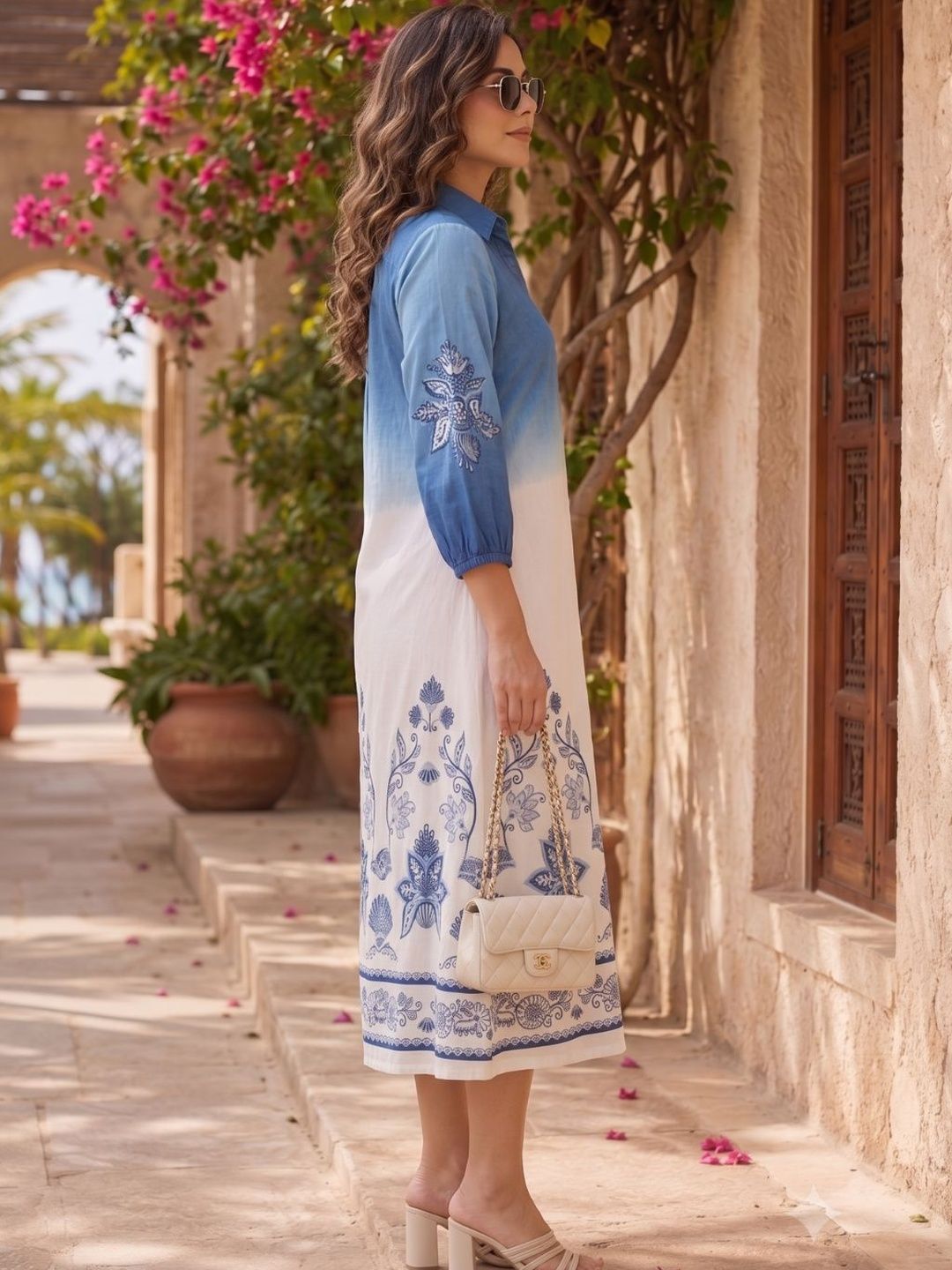 Blue & Ivory Ombre Embroidered A-Line Midi Dress