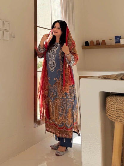 Women Regular Ethnic Printed Chinon Kurta with Trousers & Dupatta