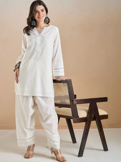 Women Solid Thread Work Pure Cotton Kurta with Patiala