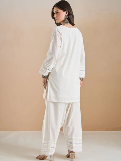 Women Solid Thread Work Pure Cotton Kurta with Patiala