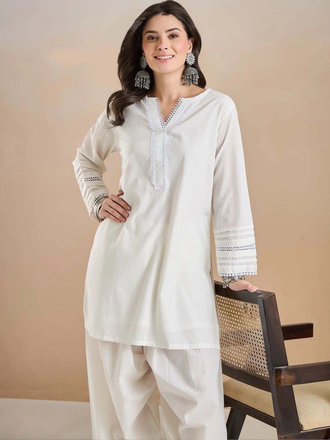 Women Solid Thread Work Pure Cotton Kurta with Patiala