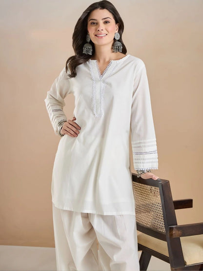 Women Solid Thread Work Pure Cotton Kurta with Patiala