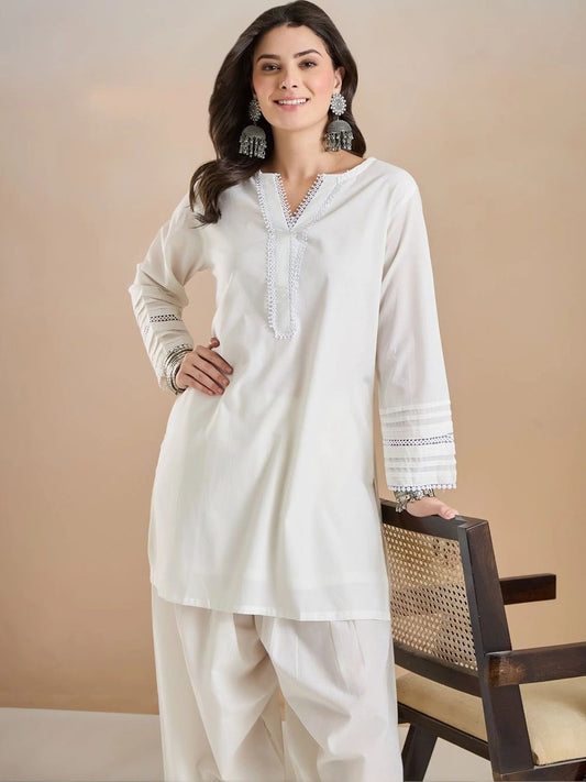 Women Solid Thread Work Pure Cotton Kurta with Patiala