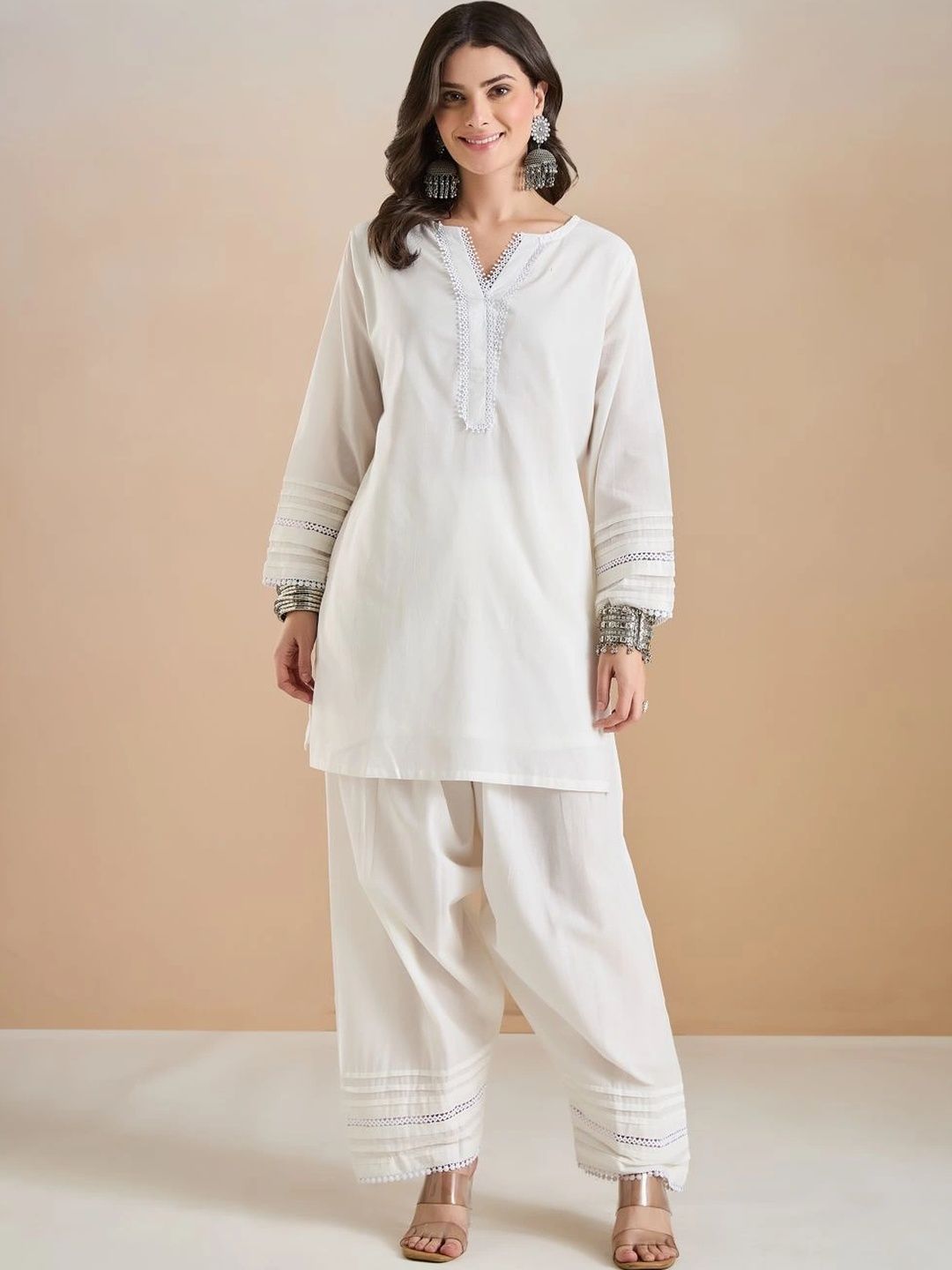 Women Solid Thread Work Pure Cotton Kurta with Patiala