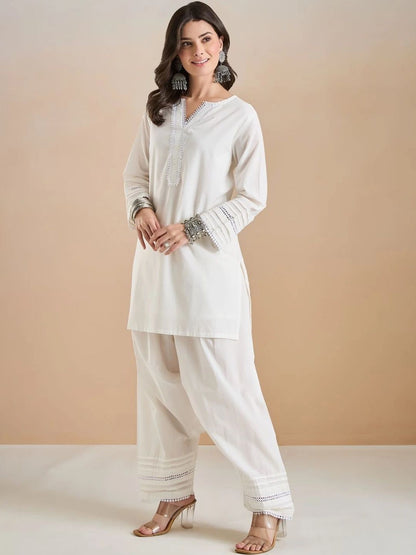 Women Solid Thread Work Pure Cotton Kurta with Patiala