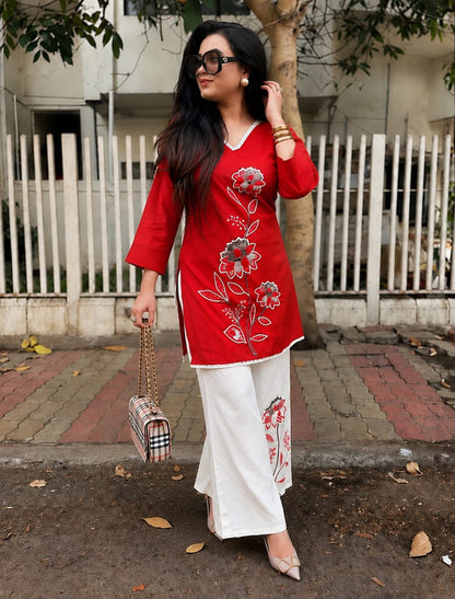 Floral Embroidered Kurta Palazzo Co-ord Set – Pink & Red