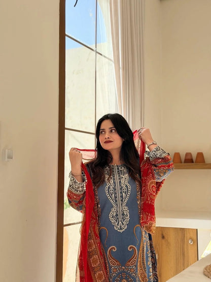 Women Regular Ethnic Printed Chinon Kurta with Trousers & Dupatta