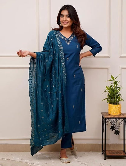Women's Embroidered Cotton Kurta Set with Dupatta