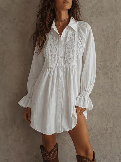 Ivory Lace Detail Premium Linen Shirt Dress