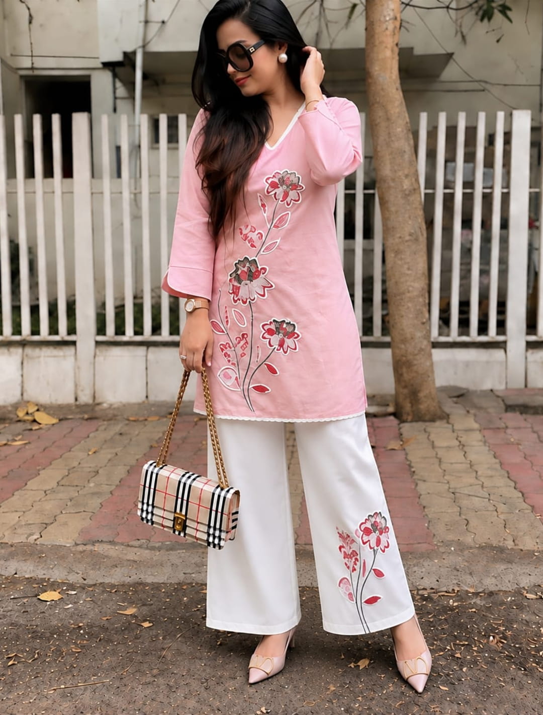 Floral Embroidered Kurta Palazzo Co-ord Set – Pink & Red