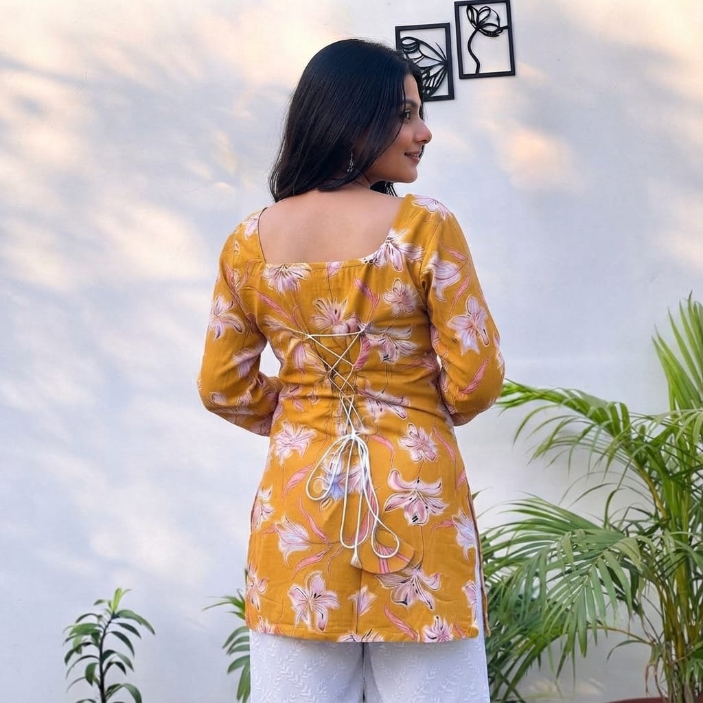 Floral Rayon Straight Kurti with Flared Sleeves