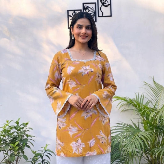 Floral Rayon Straight Kurti with Flared Sleeves