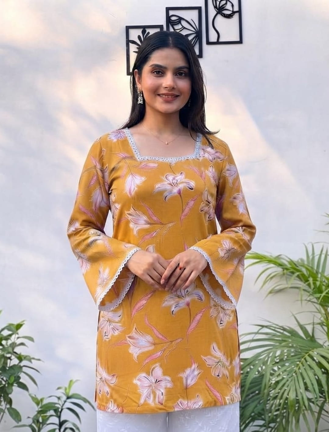 Floral Rayon Straight Kurti with Flared Sleeves