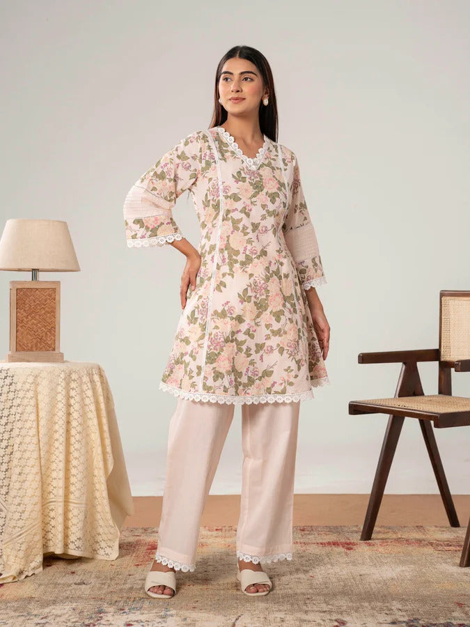 Floral Printed Cotton A-Line Kurta & Palazzo Co-Ord Set