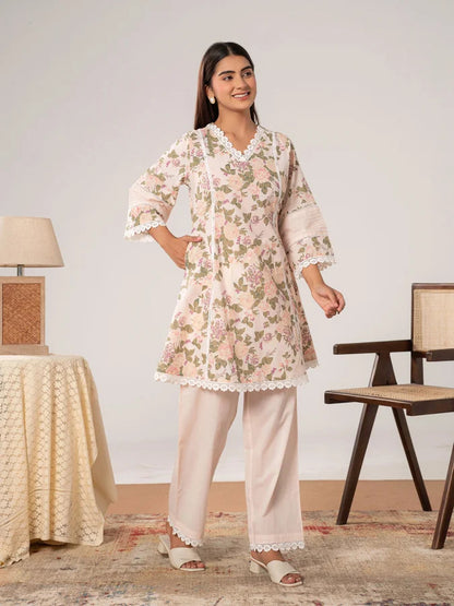 Floral Printed Cotton A-Line Kurta & Palazzo Co-Ord Set
