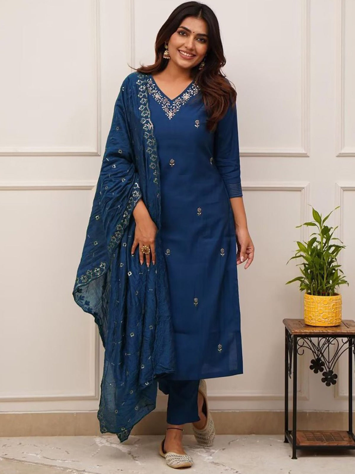 Women's Embroidered Cotton Kurta Set with Dupatta