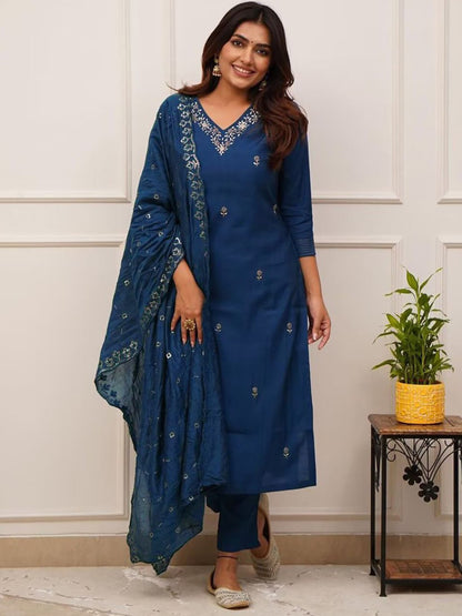 Women's Embroidered Cotton Kurta Set with Dupatta