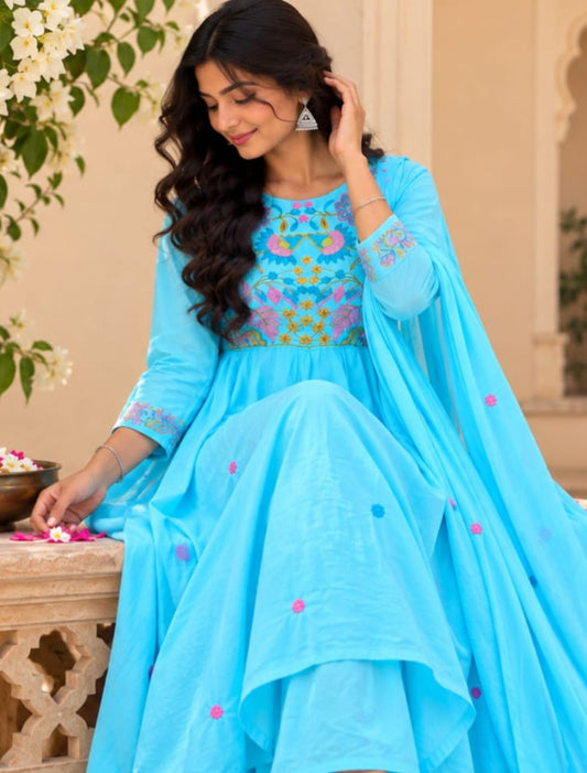 Azure Bloom Embroidered Anarkali Set