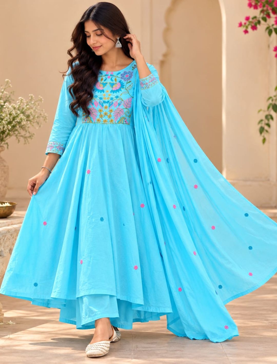 Azure Bloom Embroidered Anarkali Set