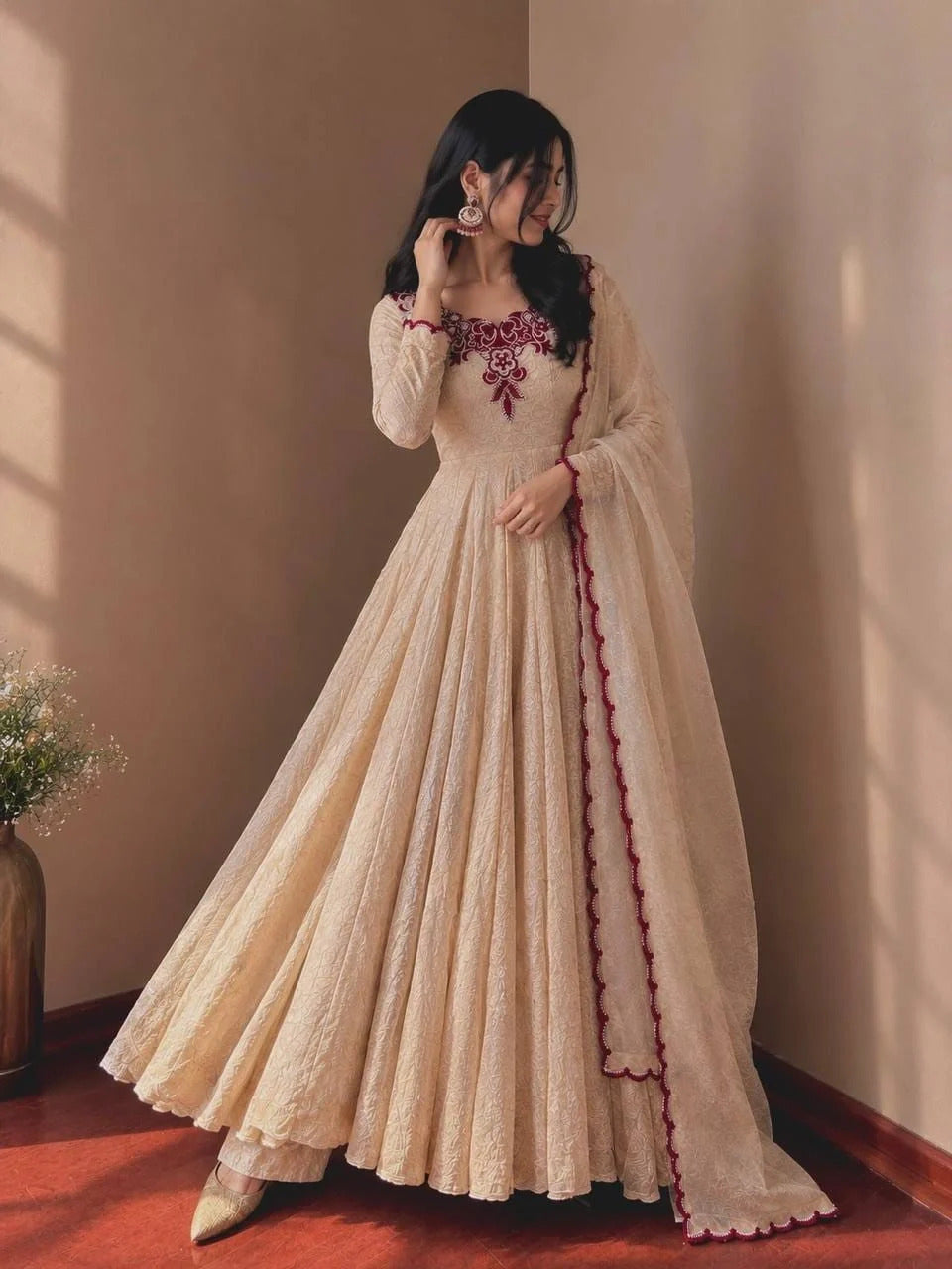 Embroidered Floor-Length Anarkali Gown Set with Dupatta