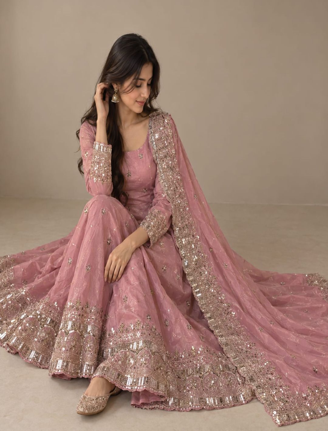 Premium Fandy Silk Embroidered Anarkali Set with Dupatta
